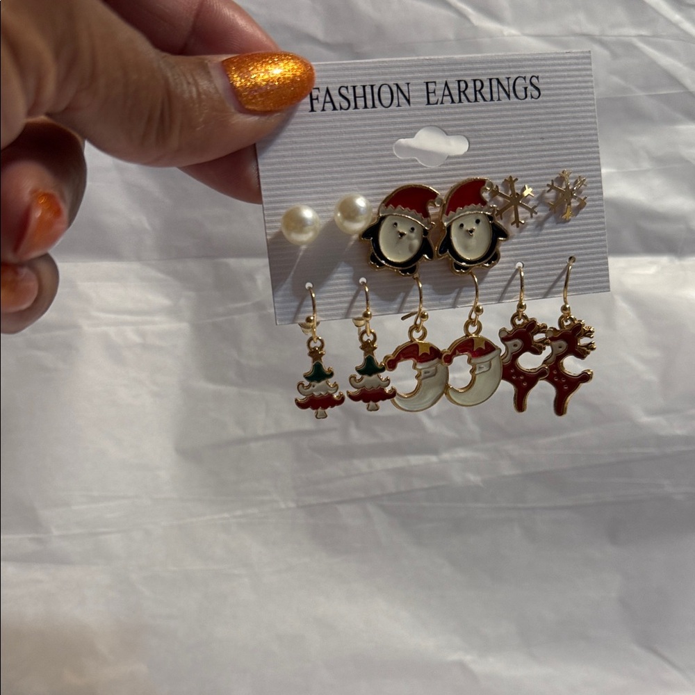 Christmas Festive Gold and Red Holiday dangle and stud Earrings Set of 6